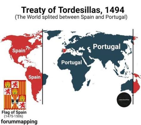 El Tratado de Tordesillas; un acuerdo para dividir el Nuevo Mundo entre dos potencias rivales en la época de la expansión europea.